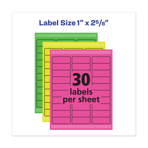 Image of Avery® 06479 High-Vis Removable Laser/Inkjet ID Labels w/ Sure Feed, 1 x 2.63, Neon, 360/PK