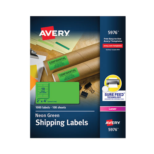 Image of Avery® 05976 High-Visibility Permanent Laser Id Labels, 2 X 4, Neon Green, 1000/box