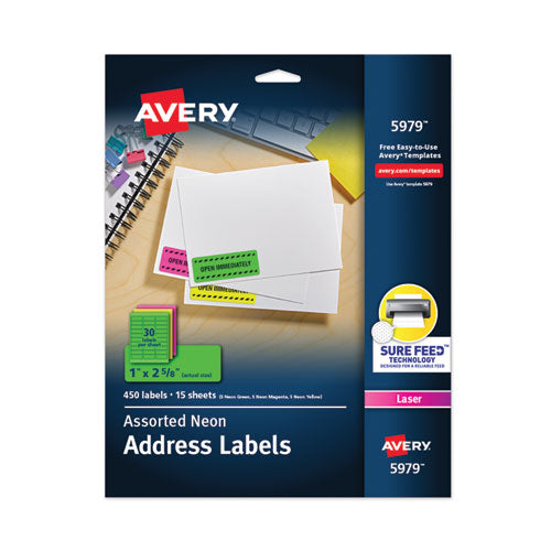 Image of Avery® 05979 High-Visibility Permanent Laser ID Labels, 1 x 2.63, Asst. Neon, 450/Pack