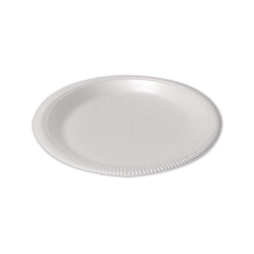 Image of Plastifar Foam Dinnerware, Plate, 9" dia, Poly Bag, White, 125/Sleeve, 4 Sleeves/Pack