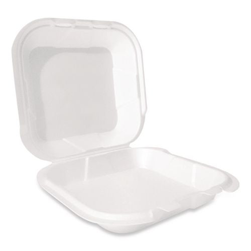Image of Plastifar 12095 Foam Hinged Lid Container, Secure Two Tab Latch, Poly Bag, 9 X 9 X 3, White, 100/bag, 2 Bags/carton