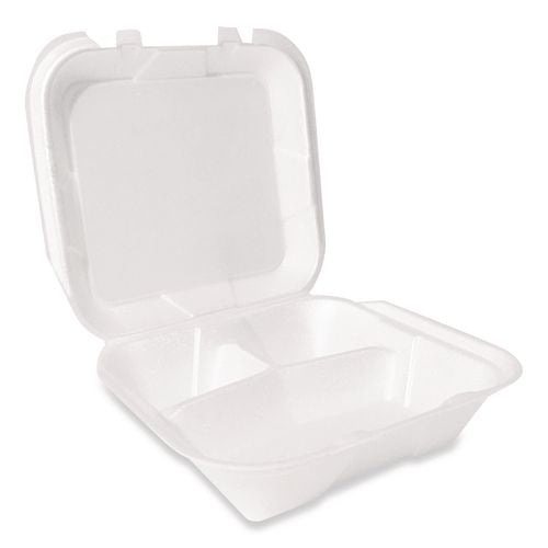 Image of Plastifar Foam Hinged Lid Container, Secure Two Tab Latch, Poly Bag, 3 Compartments, 9 x 9 x 3, White, 100/Bag, 2 Bags/Carton