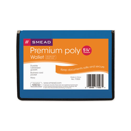Image of Smead 71503 Poly Premium Wallets, 5.25" Expansion, 1 Section, Elastic Cord Closure, Letter Size, Navy Blue