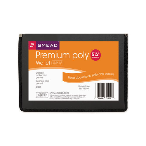 Image of Smead 71500 Poly Premium Wallets, 5.25" Expansion, 1 Section, Elastic Cord Closure, Letter Size, Black