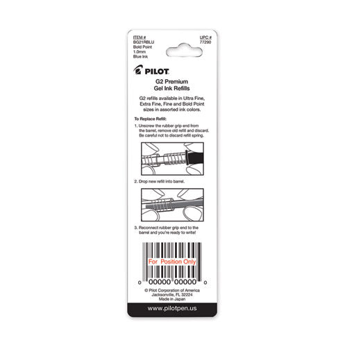 Image of PilotÂ® Refill For Pilot G2 Gel Ink Pens, Bold Conical Tip, Blue Ink, 2/pack