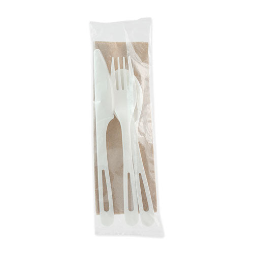 Image of World Centric® ASPSTN TPLA Wrapped Cutlery, Fork/Knife/Napkin/Spoon, Plastic, Light Beige, 250/Carton