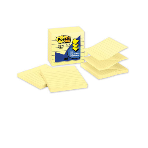 Image of Post-it® Pop-up Notes R335 Original Canary Yellow Pop-up Refill, Note Ruled, 3" x 3", Canary Yellow, 100 Sheets/Pad, 6 Pads/Pack