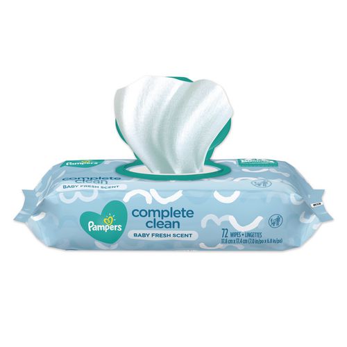 Image of Pampers® 75536 Complete Clean Baby Wipes, 1-Ply, Baby Fresh, 7 x 6.8, White, 72 Wipes/Pack, 8 Packs/Carton