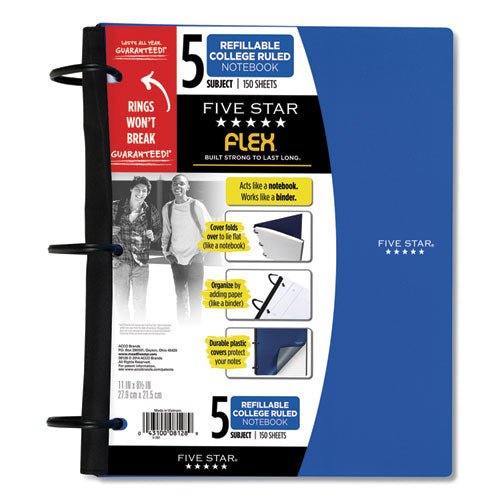 Image of Five StarÂ® FLEX Notebook, 5-Subject, Medium/College Rule, Randomly Assorted Cover Color, (150) 11 x 8.5 Sheets