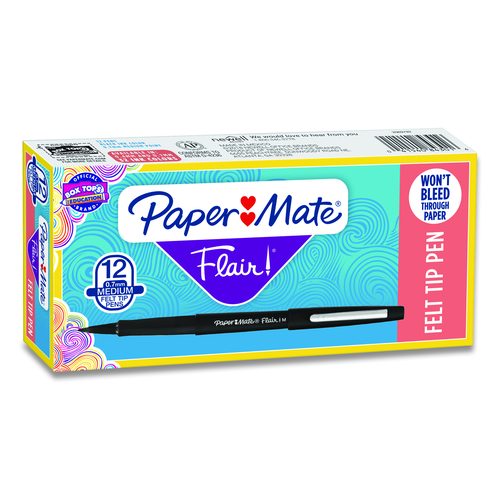 Image of Paper Mate® Point Guard Flair Felt Tip Porous Point Pen, Stick, Medium 0.7 Mm, Black Ink, Black Barrel, Dozen