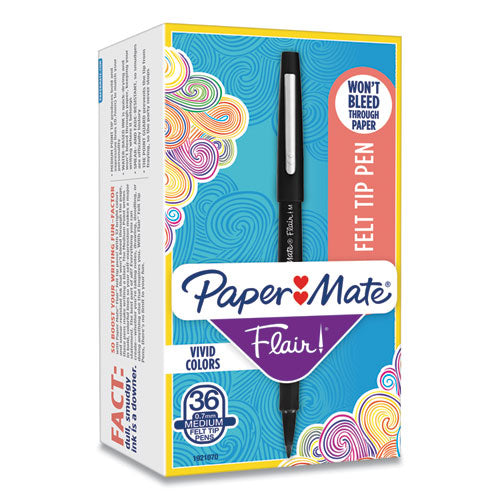 Image of Paper Mate® 1921070 Point Guard Flair Felt Tip Porous Point Pen, Stick, Medium 0.7 mm, Black Ink, Black Barrel, 36/Box