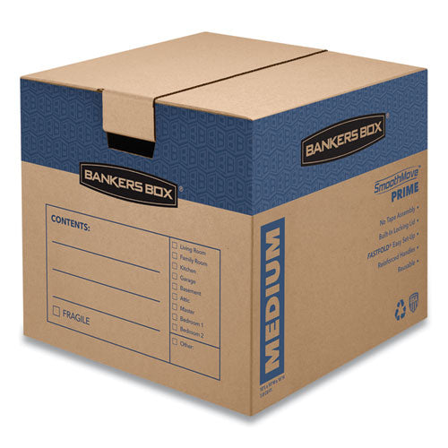 Image of Bankers Box® 0062801 SmoothMove Prime Moving/Storage Boxes, Hinged Lid, Regular Slotted Container, Medium, 18" x 18" x 16", Brown/Blue, 8/Carton
