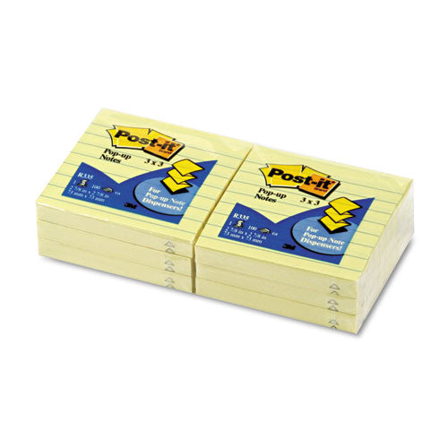 Image of Post-it® Pop-up Notes R335 Original Canary Yellow Pop-up Refill, Note Ruled, 3" x 3", Canary Yellow, 100 Sheets/Pad, 6 Pads/Pack