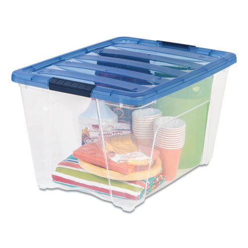 Image of IRIS 100242 Stack and Pull Latching Flat Lid Storage Box, 13.5 gal, 22" x 16.5" x 13.03", Clear/Translucent Blue