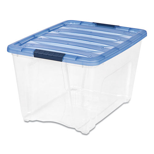 Image of IRIS 100242 Stack and Pull Latching Flat Lid Storage Box, 13.5 gal, 22" x 16.5" x 13.03", Clear/Translucent Blue