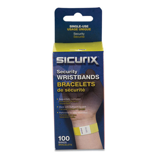 Image of SICURIX® 85070 Security Wristbands, Sequentially Numbered, 10" x 0.75", Yellow, 100/Pack