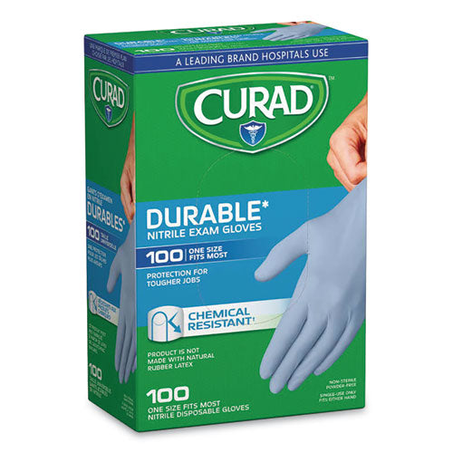 Image of Curad® CUR4145R Powder-Free Nitrile Exam Gloves, One Size Fits Most, 3.5 mil Thick, 7.36" Long, Blue, 100/Box