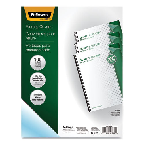 Image of Fellowes® 52089 Crystals Transparent Presentation Covers for Binding Systems, Plastic, Square Corners, 11 x 8.5, Gloss Clear, 100/Pack