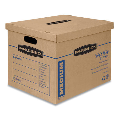 Image of Bankers Box® 7717201 SmoothMove Classic Moving/Storage Boxes, Half Slotted Container (HSC), Medium, 15" x 18" x 14", Brown/Blue, 8/Carton