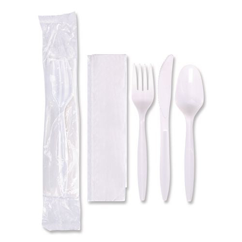 Image of Hoffmaster® 117799 Economy Cutlery Kit, Fork/Knife/Napkin/Spoon, Plastic, White, 250/Carton