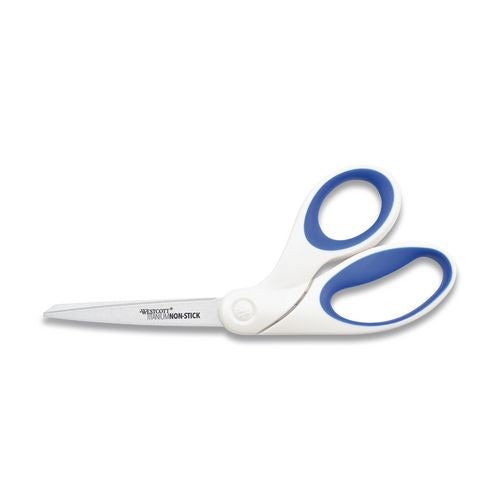 Image of Westcott® ACM-16578 Non-Stick Titanium Bonded Scissors, 8" Long, 3.25" Cut Length, Crane-Style White/Blue Handle