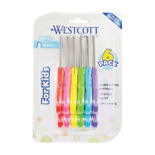 Image of Westcott® 16454 For Kids Scissors, Rounded Tip, 5" Long, 1.75" Cut Length, Straight Assorted Color Handles, 6/Pack