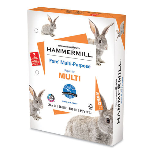 Image of Hammermill® 103275 Fore Multipurpose Print Paper, 96 Bright, 3-Hole, 20 lb Bond Weight, 8.5 x 11, White, 500 Sheets/Ream