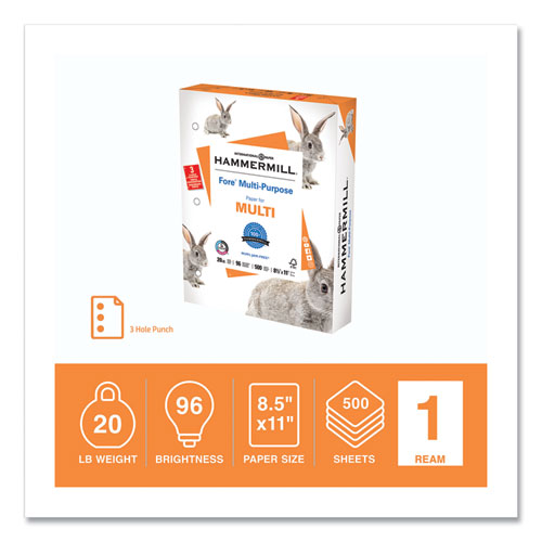 Image of Hammermill® 103275 Fore Multipurpose Print Paper, 96 Bright, 3-Hole, 20 lb Bond Weight, 8.5 x 11, White, 500 Sheets/Ream