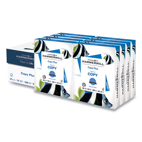 Image of Hammermill® 105190 Copy Plus Print Paper, 92 Bright, 20 lb Bond Weight, 8.5 x 11, White, 500 Sheets/Ream, 8 Reams/Carton