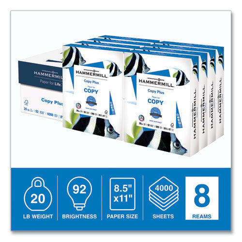 Image of Hammermill® 105190 Copy Plus Print Paper, 92 Bright, 20 lb Bond Weight, 8.5 x 11, White, 500 Sheets/Ream, 8 Reams/Carton