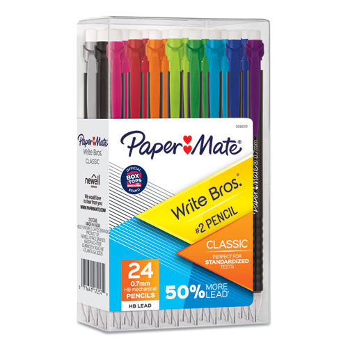 Image of Paper Mate® 2171181 WRITE BROS MECHANICAL PENCIL, 0.7 MM, HB (#2), BLACK LEAD, BLACK BARREL WITH ASSORTED CLIP COLORS, 24/BOX