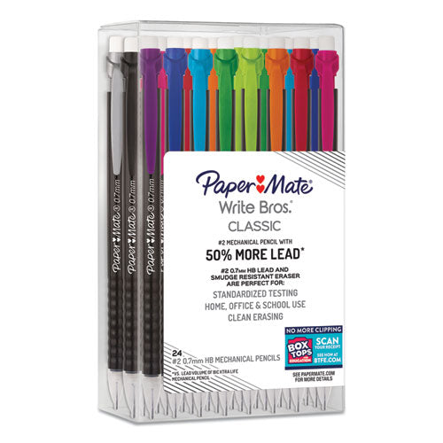 Image of Paper Mate® 2171181 WRITE BROS MECHANICAL PENCIL, 0.7 MM, HB (#2), BLACK LEAD, BLACK BARREL WITH ASSORTED CLIP COLORS, 24/BOX