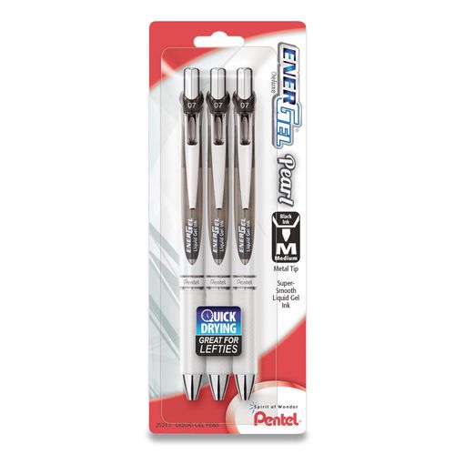 Image of Pentel® BL77WBPS3A EnerGel Pearl Deluxe RTX Gel Pen, Retractable, Medium 0.7 mm, Black Ink, Pearl White/Smoke Barrel, 3/Pack