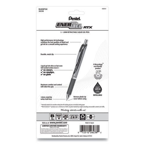 Image of PentelÂ® Energel Rtx Gel Pen, Retractable, Bold 1 Mm, Assorted Ink And Barrel Colors, 5/pack