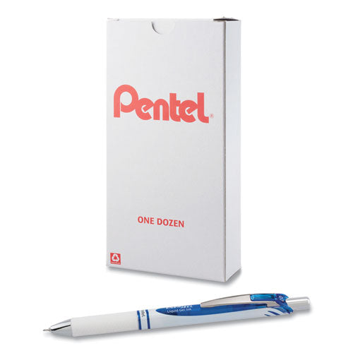 Image of Pentel® BLN77PW-C EnerGel Pearl Deluxe RTX Gel Pen, Retractable, Medium 0.7 mm, Blue Ink, Pearl White/Blue Barrel, Dozen