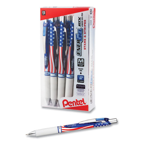 Image of Pentel® BL77USA-A Energel Rtx Stars And Stripes Gel Pen, Retractable, Medium 0.7 Mm, Black Ink, Red/white/blue Barrel, Dozen
