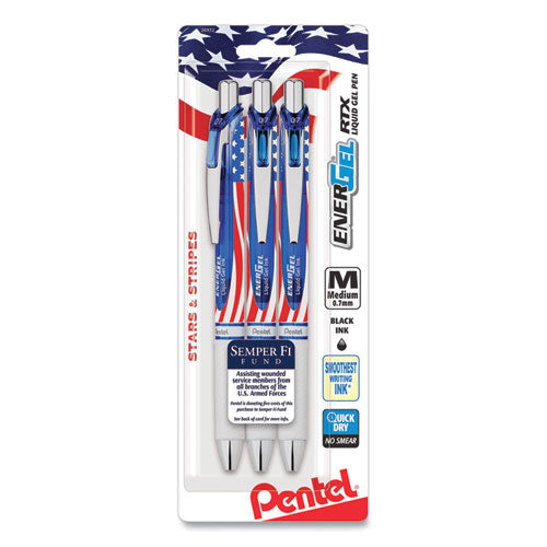 Image of Pentel® BL77USABP3A ENERGEL RTX STARS AND STRIPES GEL PEN, RETRACTABLE, MEDIUM 0.7 MM, BLACK INK, RED/WHITE/BLUE BARREL, 3/PACK