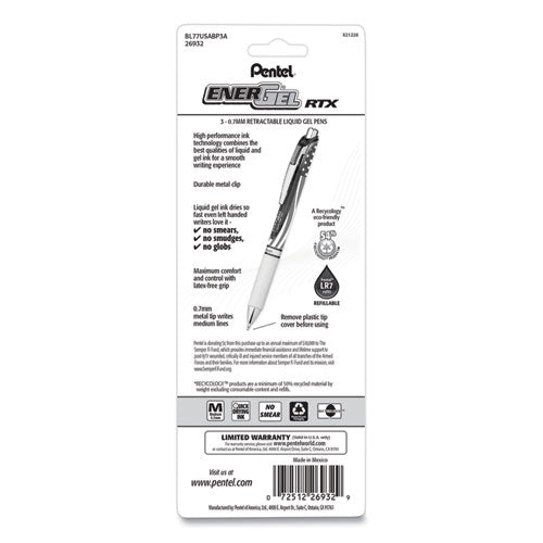 Image of Pentel® BL77USABP3A ENERGEL RTX STARS AND STRIPES GEL PEN, RETRACTABLE, MEDIUM 0.7 MM, BLACK INK, RED/WHITE/BLUE BARREL, 3/PACK