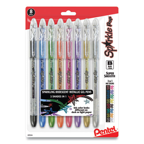 Image of PentelÂ® Sparkle Pop Metallic Gel Pen, Stick, Bold 1 Mm, Assorted Ink Colors, Clear Barrel, 8/pack