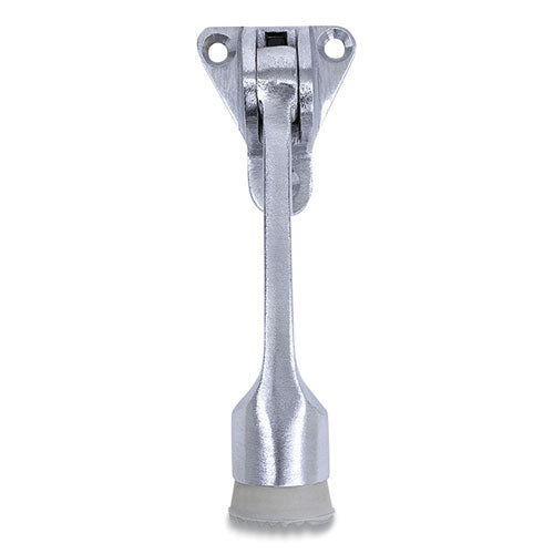 Image of Tell® DT100008 Hinged Kick-Down Door Stop With Triangular Three-Point Mounting Plate, 1" Wide Door Mount, 4.18 Long Stopper, Satin Chrome