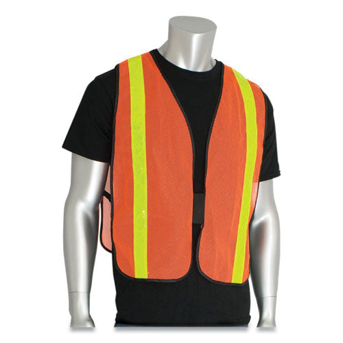 Image of PIP 300-EVOR-POR Hook and Loop Safety Vest, One Size Fits Most, Hi-Viz Orange with Yellow Prismatic Tape