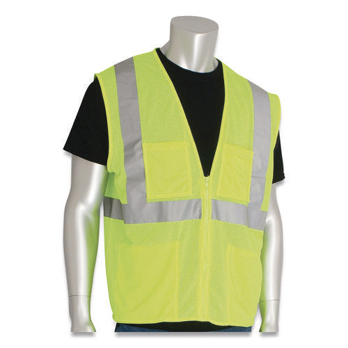 Image of PIP 302-MVGZ4PLY-4X ANSI Class 2 Four Pocket Zipper Safety Vest, Polyester Mesh, 4X-Large, Hi-Viz Lime Yellow