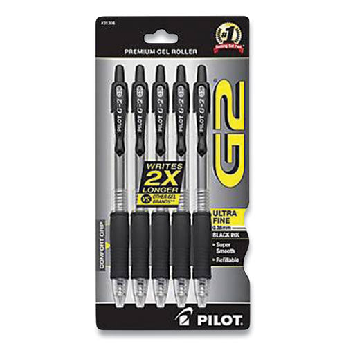 Image of Pilot® G23C5BLK G2 Premium Gel Pen, Retractable, Extra-Fine 0.38 mm, Black Ink, Clear/Black Barrel, 5/Pack