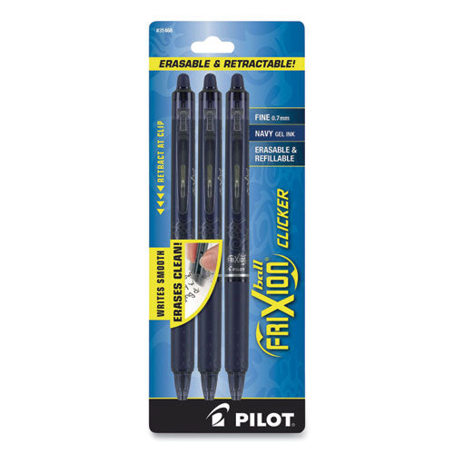 Image of Pilot® 31468 FriXion Clicker Erasable Gel Pen, Retractable, Fine 0.7 mm, Navy Ink, Navy Barrel, 3/Pack