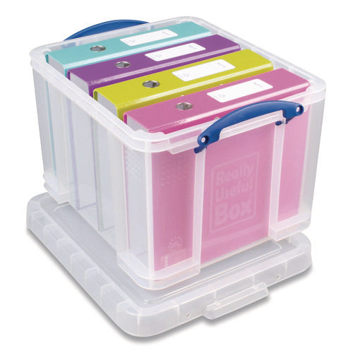 Image of Really Useful Box® 32C-PK3CB Snap-Lid Storage Bin, 8.45 Gal, 14" X 18" X 12.25", Clear/blue, 3/pack