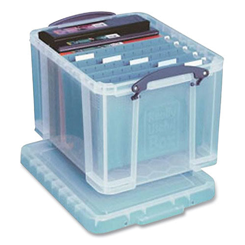 Image of Really Useful Box® 32C-PK3CB Snap-Lid Storage Bin, 8.45 Gal, 14" X 18" X 12.25", Clear/blue, 3/pack