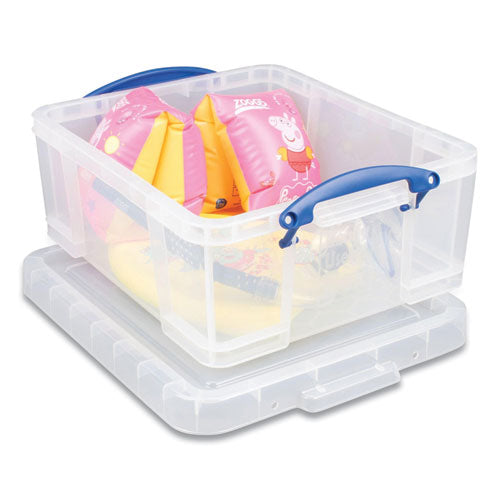 Image of Really Useful Box® 17C-PK4CB Snap-Lid Storage Bin, 4.49 Gal, 11" X 18" X 4", Clear/blue, 4/pack