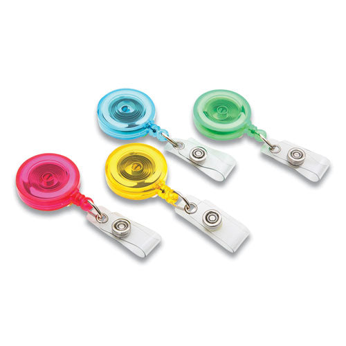 Image of SICURIX® BAU68894 ID Slide-Style Belt Clip Card Reels, 30" Extension, Round, Green/Light Blue/Pink/Yellow, 4/Pack