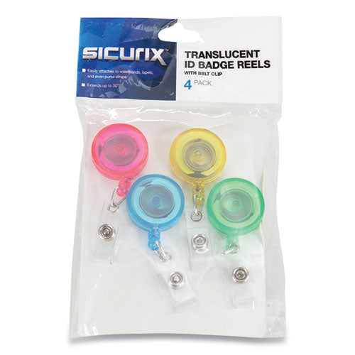 Image of SICURIX® BAU68894 ID Slide-Style Belt Clip Card Reels, 30" Extension, Round, Green/Light Blue/Pink/Yellow, 4/Pack