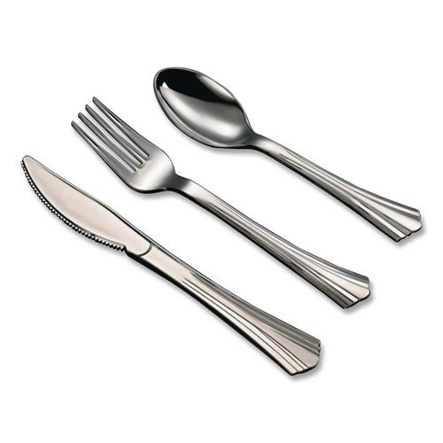 Image of Tablemate® 8305A-SV Sterling Assorted Plastic Cutlery, Mediumweight, (20) Forks/(15) Knives/(15) Spoons, Plastic, Silver, 50/Pack